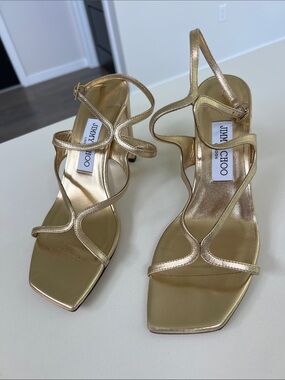 Jimmy Choo alva gold tone metallic leather wavy strappy open toe sandals heel 38